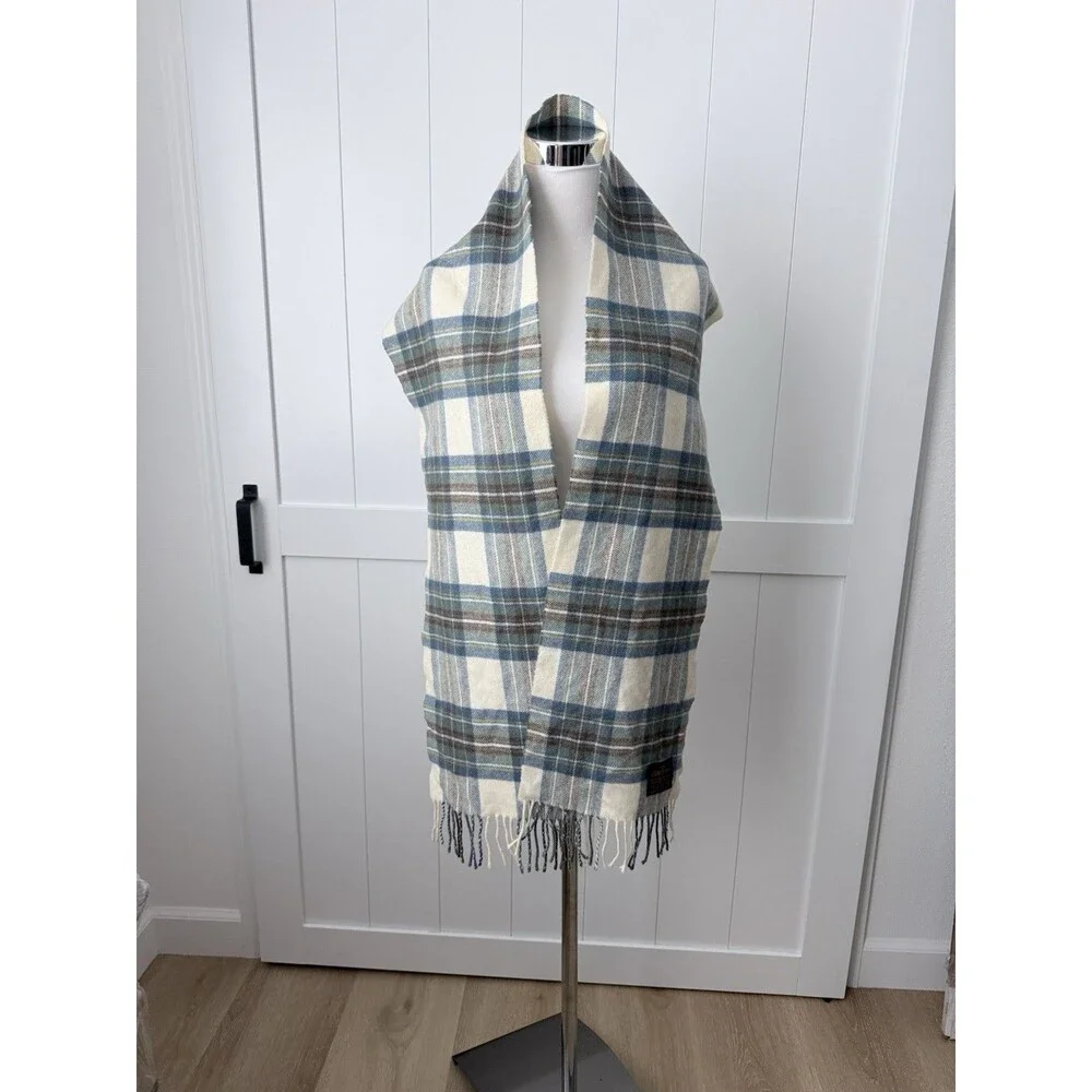 Vintage Glen Prince Scotland New Lambswool Scarf Blue Tan Plaid Quiet Luxury 90s